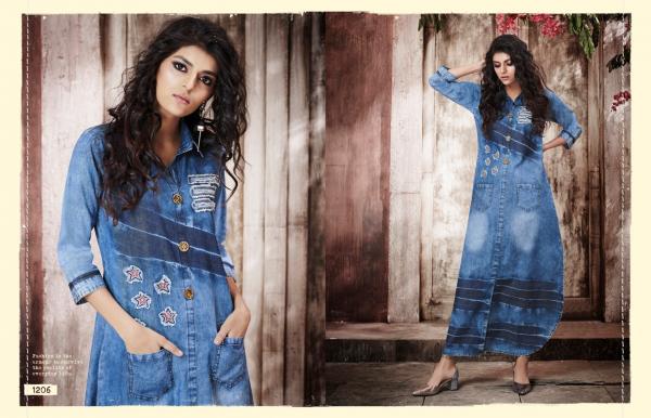 kajree kayara long denim with work gown style kurtis edition